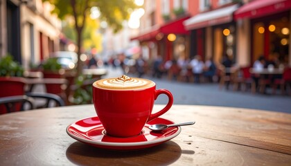 A vibrant red cup on wooden table in of cappuccino with foamy milk and cinnamon on top, served, Generated with AI.