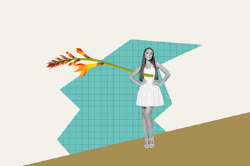 Collage pop of person stand on brown blue background with bloom flower