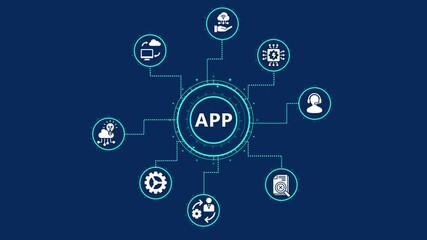 app concept video  animation with digital icon on transparent background. App development concept with connected icons representing various features and functionalities, showcasing the interconnected - Powered by Adobe