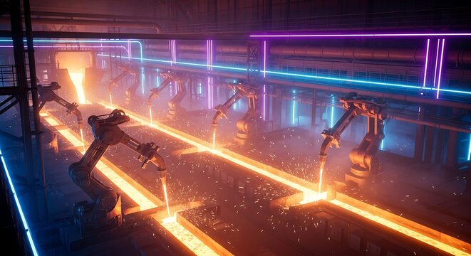 Automated Cyberpunk Foundry: Robotic Arms Pouring Molten Metal in Neon-Lit Industrial Setting with Sparks Flying, Advanced Manufacturing and Futuristic Factory Automation System - Powered by Adobe