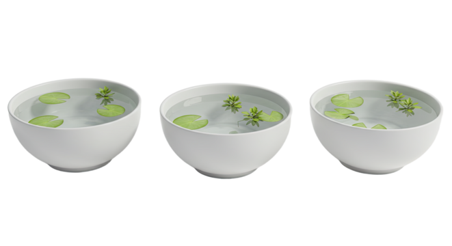 Three white bowls filled with water and floating green lily pads isolated on white background, perfect for spa, wellness, or natural decor concepts