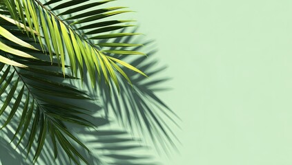 Obraz premium Lush palm fronds with deep shadows on a soothing, pastel turquoise background