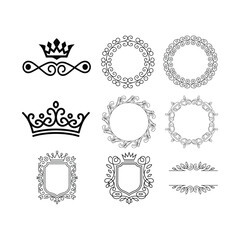 Decorative Vector Crown and Frame Set Ornate Vintage Elements for Crest Logo and Invitation