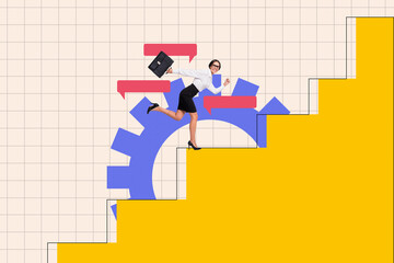 Image photo poster banner 3d collage photo of happy businesswoman run gearwheel optimization...