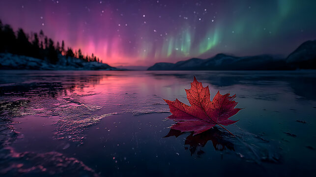 Autumn leaf on frozen lake under northern lights aurora borealis nature landscape photography wallpaper image