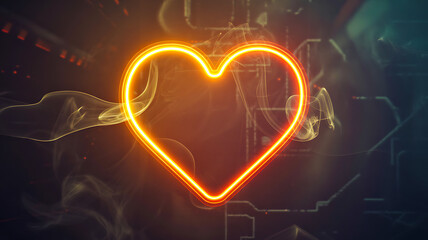 Vibrant neon heart glows with ethereal smoke, symbolizing passion and connection in a modern, abstract digital realm