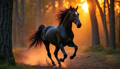 Black horse runs on forest path. Golden sun sets, casting warm light on its flowing mane and tail. Dust rises from hooves. Powerful wild animal gallops with grace and speed, showing true freedom.