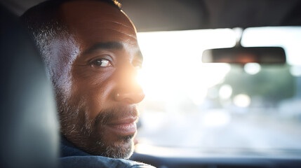 Mature man driving car looking back with sunlight