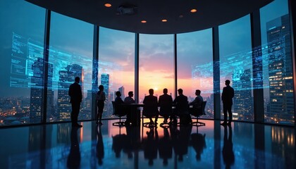 Business meeting in modern office with city view at sunset. Professionals discuss data on holographic screens. Team analyzes financial growth and future strategy.