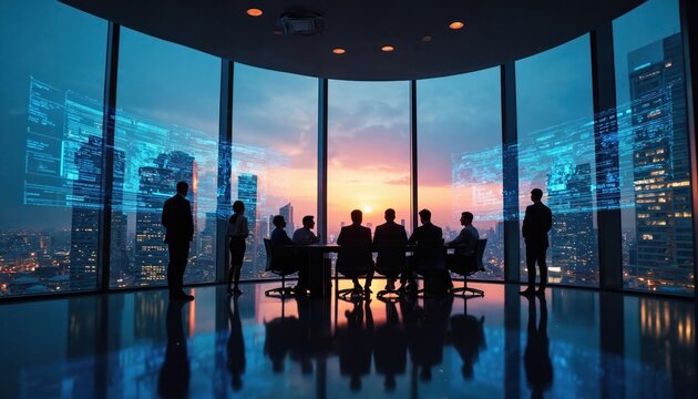 Business meeting in modern office with city view at sunset. Professionals discuss data on holographic screens. Team analyzes financial growth and future strategy.