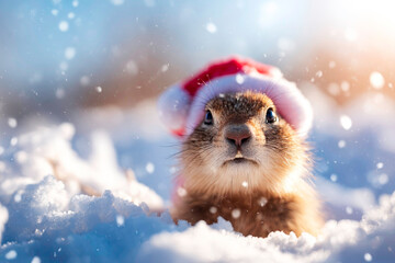 Christmas marmot with Santa hat in snow festive alpine animal portrait