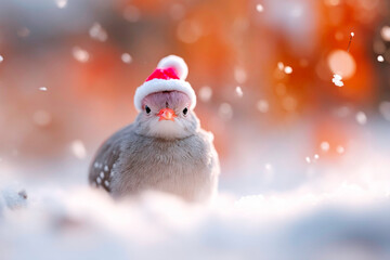 Fototapeta premium Kagu wearing Santa hat on snowy ground unique flightless bird holiday concept