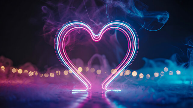 Vibrant neon heart glows with romantic pink and blue light, surrounded by mystical smoke and bokeh lights, perfect for celebrations and love themes.