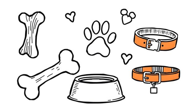 Cute and minimalistic pet elements doodle in black line art, perfect for pet-themed planners, icons, and templates