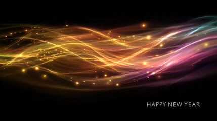 Abstract glowing lines with colorful light effects on a dark background for happy new year wishes