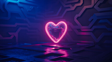 Stunning neon heart glows with vibrant energy in a futuristic, tech-inspired environment, symbolizing love and innovation