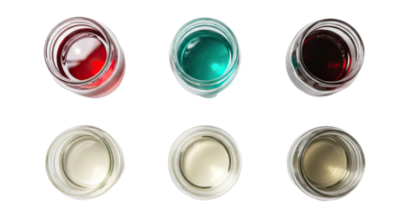 Top-down view of six mixed alcoholic shots in glass cups with different colors, perfect for bar menus and cocktail party presentations
