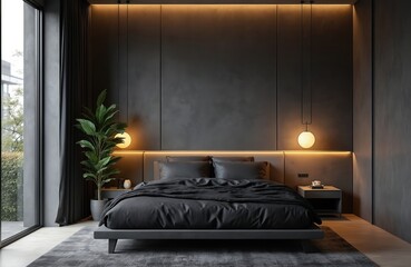 Stylish modern bedroom features dark grey platform bed. Black linens, pillows, cozy blanket cover. Ambient lighting from pendant lamps, LED strip makes calm mood. Green plant sits near large window.