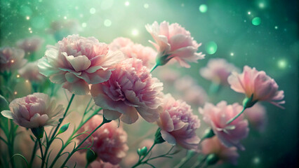 Blurred Y2K Florals Vintage Backgrounds, featuring cluster of delicate pink flowers against muted, light green background.