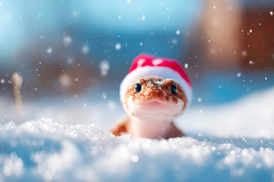 Lamprey wearing Santa hat on snowy ground jawless fish holiday concept