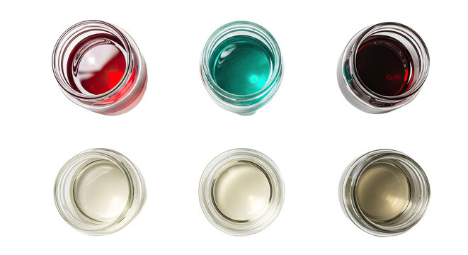 Top-down view of six mixed alcoholic shots in glass cups with different colors, perfect for bar menus and cocktail party presentations