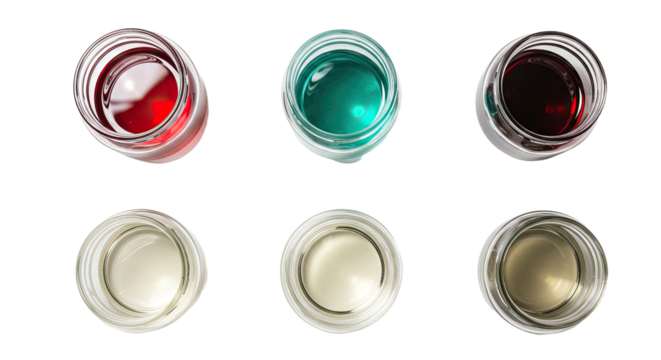 Top-down view of six mixed alcoholic shots in glass cups with different colors, perfect for bar menus and cocktail party presentations - Powered by Adobe