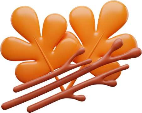 Stylized orange oak leaves with brown twigs 3D render on transparent background Autumn Fall Nature Season Autumnal Plant Branch Autumn leaves Fall foliage