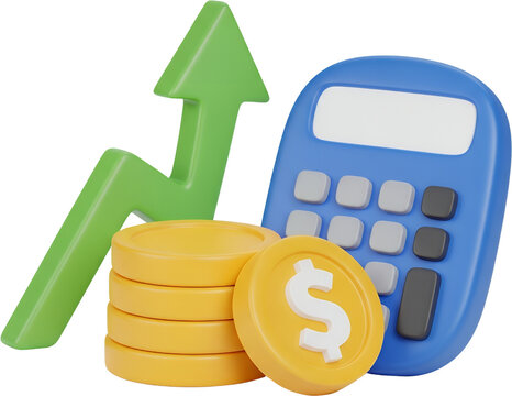 Blue calculator beside a stack of gold coins and a rising green arrow graph symbolizing financial growth and accounting money currency finance profit income