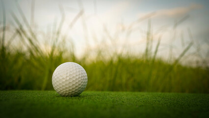 Golf clubs and balls on a green lawn in a beautiful golf course with morning sunshine.