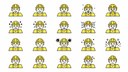 Expressive construction worker faces with varied emotions, safety and teamwork, perfect for industrial training or safety campaigns, originally a scalable graphic
