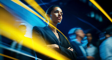 Fototapeta premium Confident businesswoman with arms crossed in focus as yellow light streaks cut through crowd