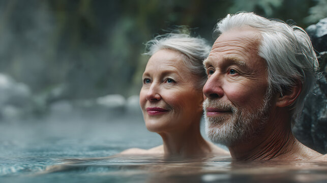 Senior couple enjoying hot spring wellness spa experience