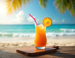 Obraz premium Orange juice drink on wooden board with blurred beach and sea background. Glass with straw and orange slice on tropical vacation spot. Refreshing summer beverage on sandy shore with palm trees.