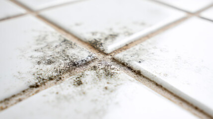 Close-up view of black mold growing in bathroom tile grout