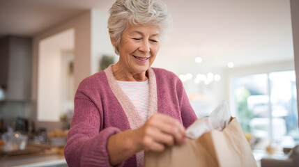 Senior woman unpacking groceries in her kitchen