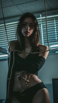 A woman bound and gagged in a black bikini, perfect for crime scene or thriller scenes