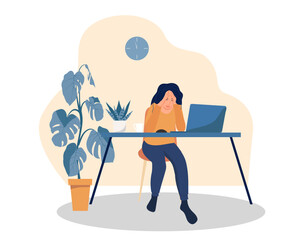 A woman works at home at a computer. There are plants next to the table. Suitable for use in materials related to remote work, freelancing, home office
