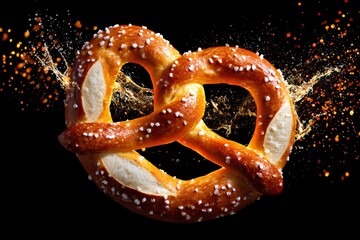 Freshly baked pretzel with coarse salt, surrounded by dynamic splashes of color, showcasing a delicious snack concept with vibrant energy and appetizing appeal