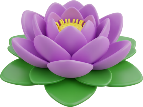 A Stylized 3D Rendered Purple Lotus Flower With Green Leaves On A Transparent Background Showcasing Delicate Petals And A Yellow Center Isolated Bloom Blossom