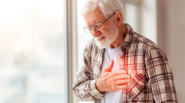 Senior man experiences chest pain indicating potential heart attack at home