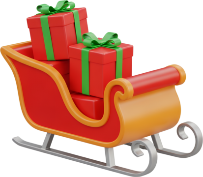 A red and gold sleigh filled with stacked red gift boxes tied with green ribbons conveying holiday spirit and generous presents Gifts Christmas Santa Winter