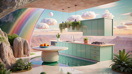 Fototapeta premium Surreal modern organic kitchen room floating in air with luminous natural textures and organic shapes 