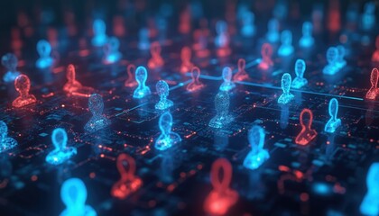 Digital human icons glow blue and red on a dark tech circuit board. Networked people connect in futuristic cyberspace. Data analysis for AI talent search.