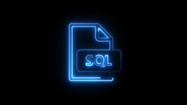 Neon Glowing SQL File Icon and Symbol Animation on Black Background.