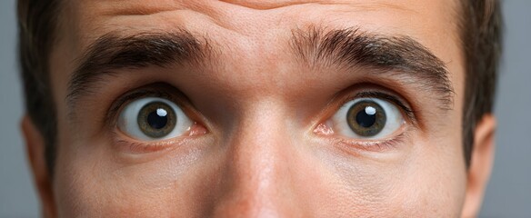 A startled glance shows bright wide eyes and sharply raised brows.