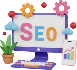A colorful 3D render shows a computer monitor displaying the letters SEO surrounded by gears clouds a potted plant and a smartphone with a bar graph Search Engine Optimization