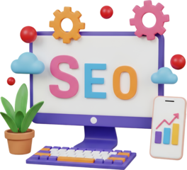 A colorful 3D render shows a computer monitor displaying the letters SEO surrounded by gears clouds a potted plant and a smartphone with a bar graph Search Engine Optimization