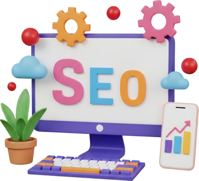 A colorful 3D render shows a computer monitor displaying the letters SEO surrounded by gears clouds a potted plant and a smartphone with a bar graph Search Engine Optimization - Powered by Adobe