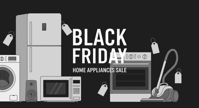Monochrome Black Friday home appliances sale banner with fridge oven and washer