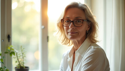 Mature woman with blonde hair wears glasses and white shirt by window with soft sun light. She looks confidently ahead, poised and pro, possibly contemplating future plans.